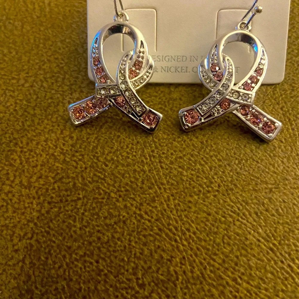 Pink Ribbon Rhinestone Earrings - Picture 4 of 5
